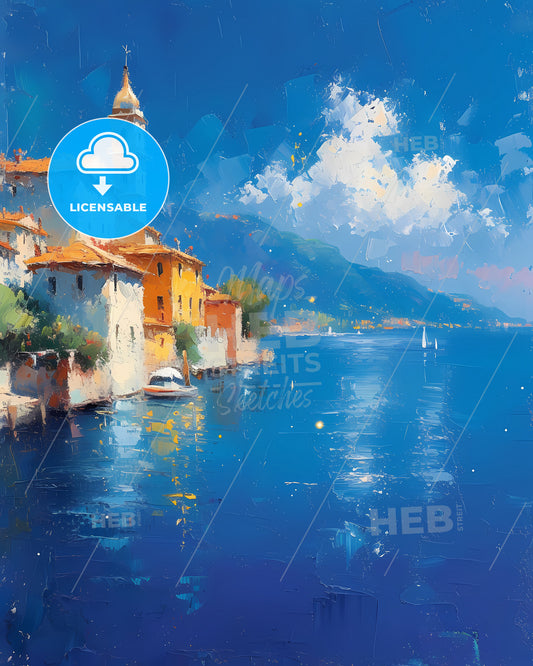 Lake Garda, Italy - A Painting Of A Town Next To A Body Of Water