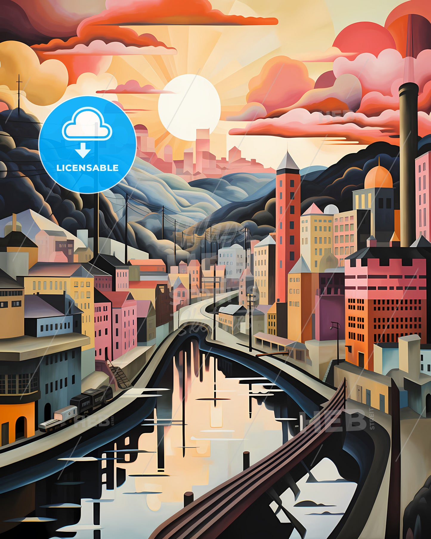 Tromsö, Norway - A Painting Of A City With A River And Mountains