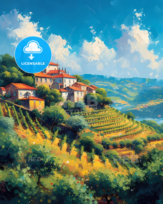 Douro Superior, Portugal - A Painting Of A Village On A Hill With Trees And A Lake