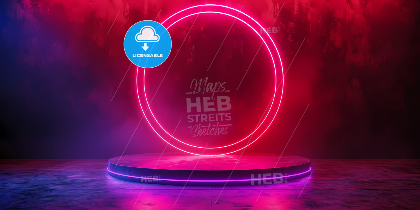 3D Render, Abstract Neon Background With Colorful Round Shape In The Dark Room With Floor Reflection - A Round Platform With Neon Lights