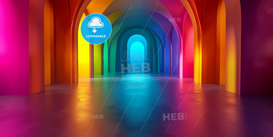 3D Render, Abstract Neon Background With Colorful Round Shape In The Dark Room With Floor Reflection - A Colorful Hallway With Arches
