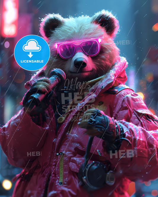 A Clever, Cool Teddy Bear - A Bear Wearing Pink Sunglasses And A Pink Jacket Holding A Microphone