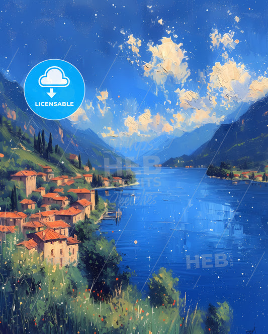 Lake Garda, Italy - A Painting Of A Town By A Lake