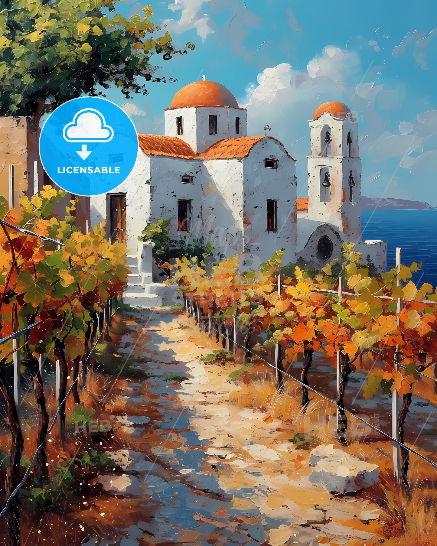 Santorini, Greece - A Painting Of A Building With Orange And Yellow Leaves