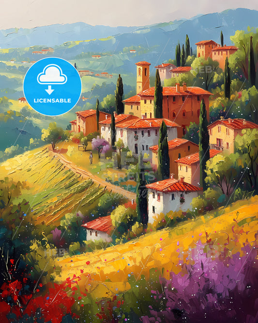 Tuscany, Italy - A Painting Of A Village On A Hill