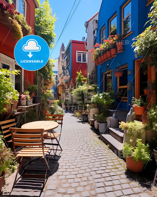 Haarlem, Netherlands - A Narrow Alley With Tables And Chairs And Plants