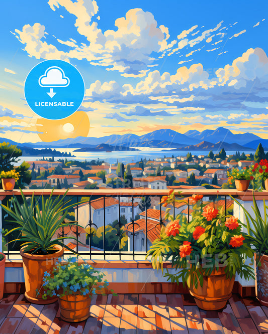 On The Roofs Of Cannes, France - A Balcony With Potted Plants And A View Of A City