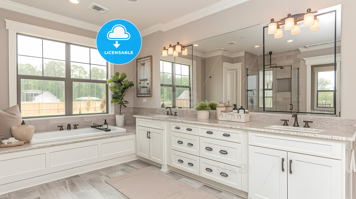 A Spacious Newly Designed Bathroom - A Bathroom With A Large Mirror And A Tub