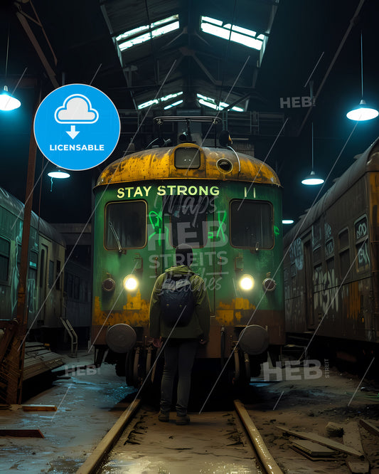 A New York Train With The Words Spray Painted Stay Strong On It In Eletric Lime Green, Vintage Poster Design - A Man Standing In Front Of A Train