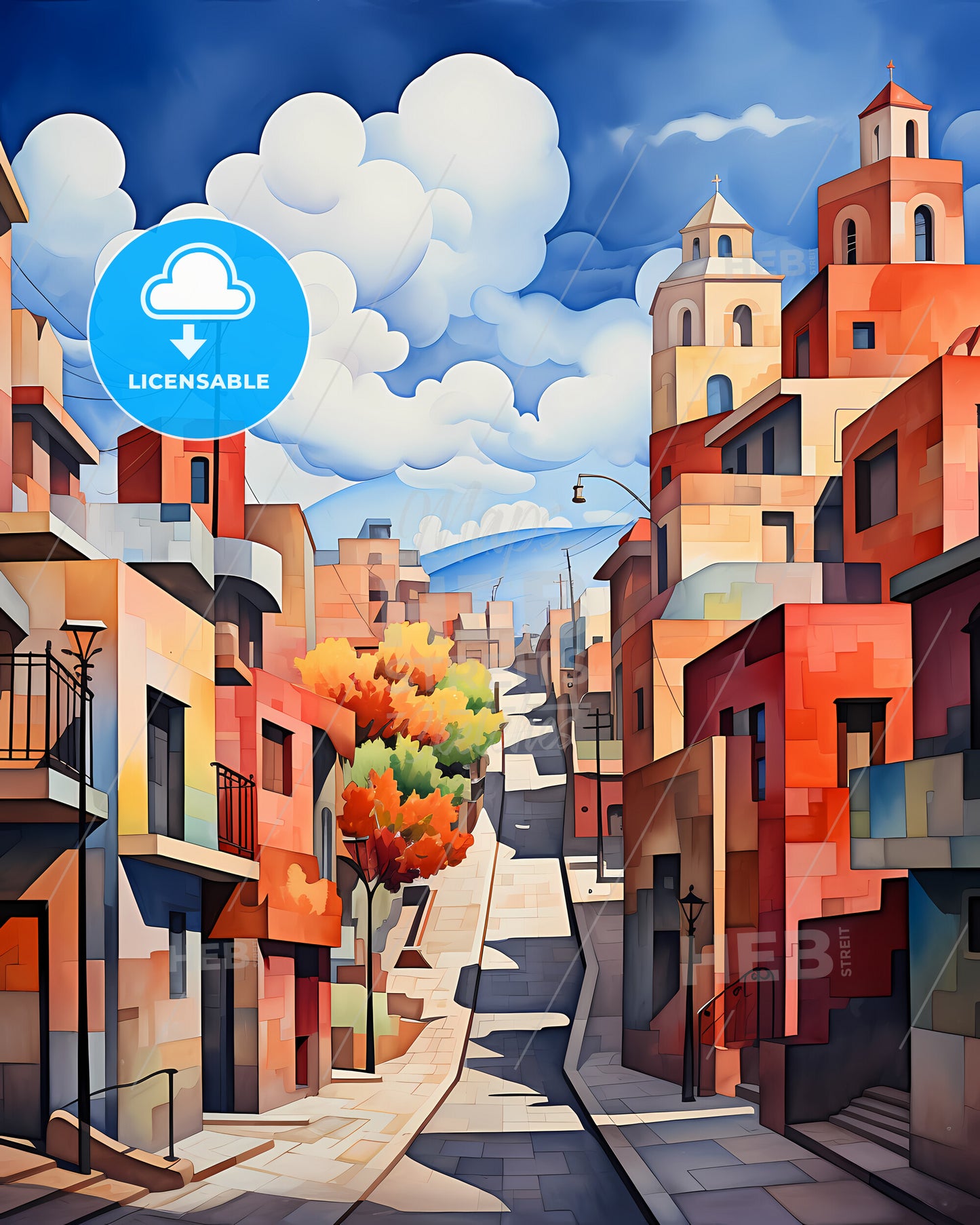 Yerevan, Armenia - A Painting Of A Street With Buildings And Trees