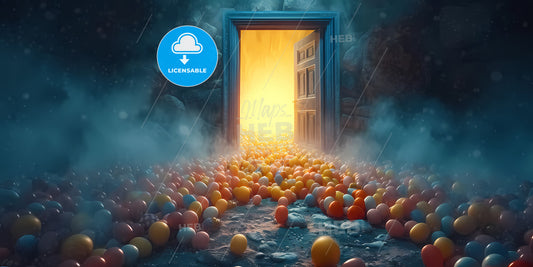 A Blue Door Opens And Many Little Multicolored Balloons And Balls Fall Out - A Door With A Lot Of Eggs On It