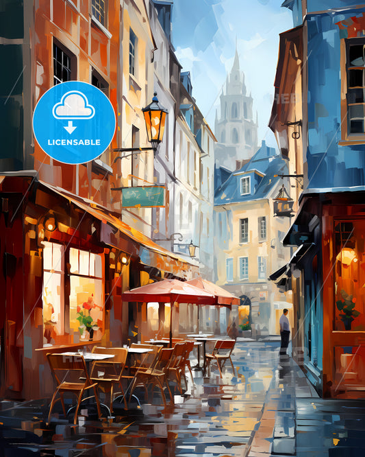 Le Mans, France - A Street With Tables And Chairs In A City