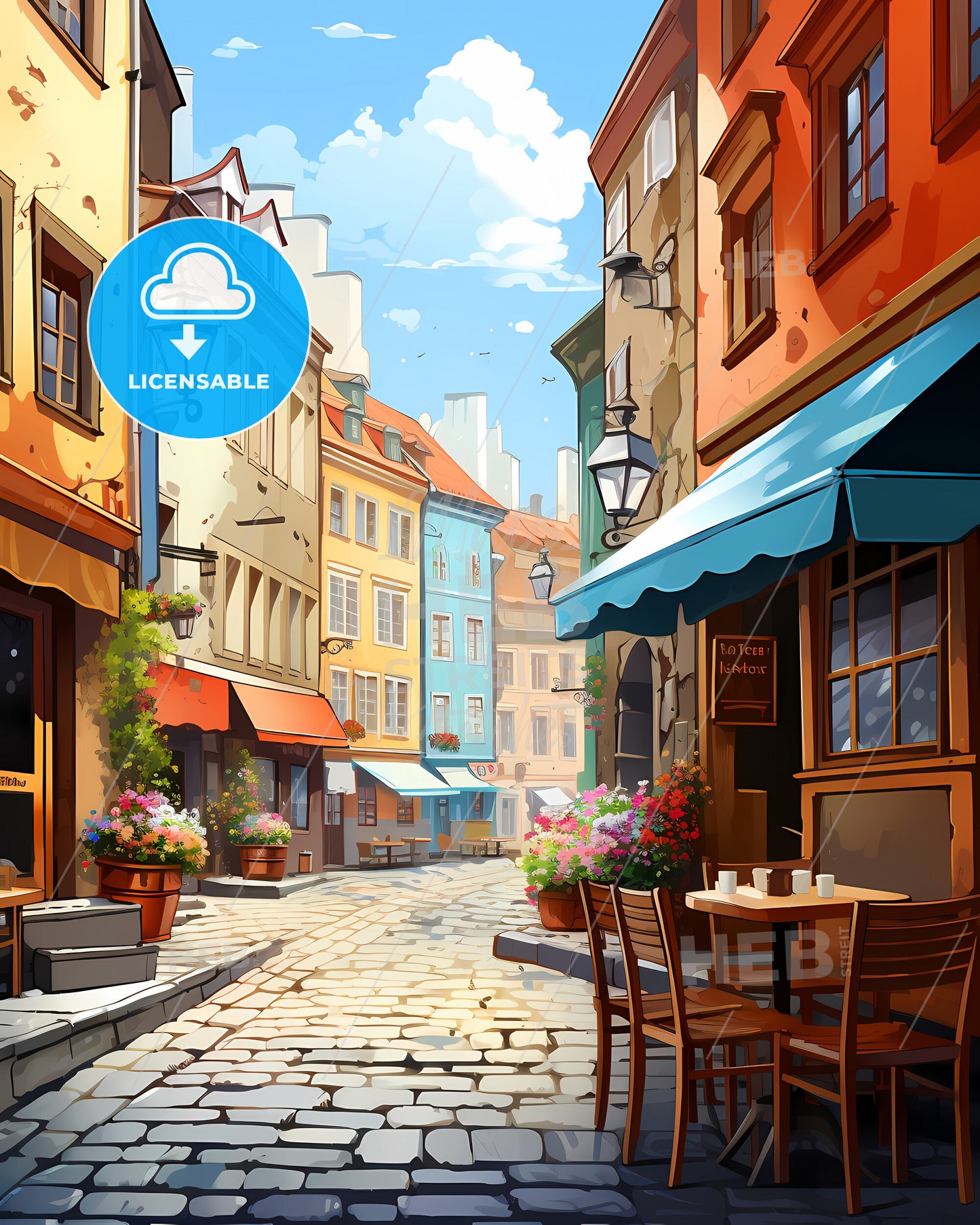 Warsaw, Poland - A Street With Tables And Chairs And Flowers