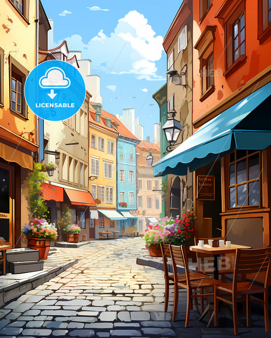 Warsaw, Poland - A Street With Tables And Chairs And Flowers