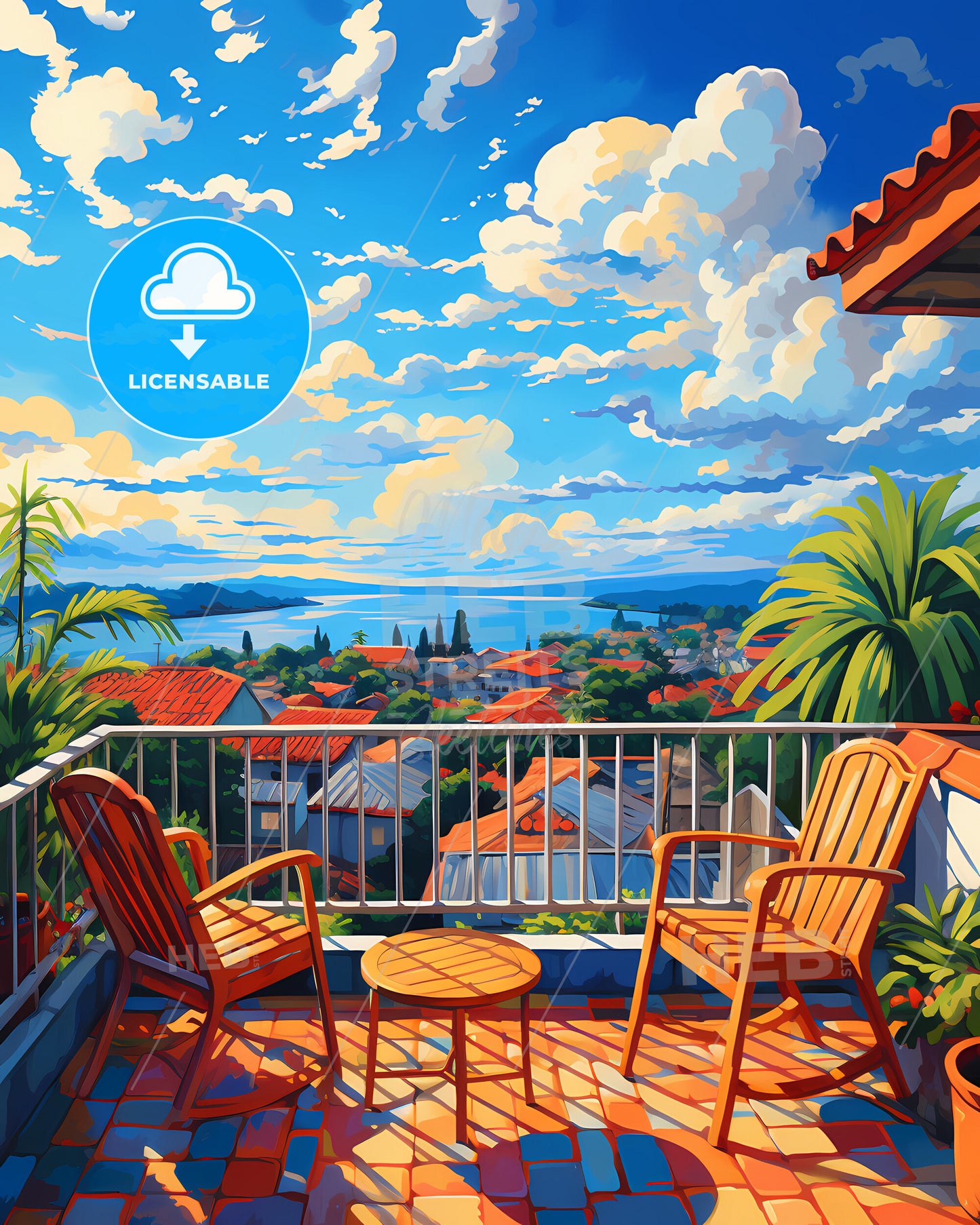 On The Roof Of Koh Samui, Thailand - A Balcony With Chairs And Table And A View Of A City And Water