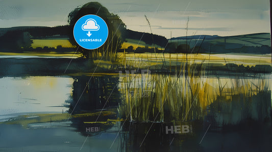 Background, Using One Color In Blue-Green - A Watercolor Painting Of A Lake With Grass And Trees