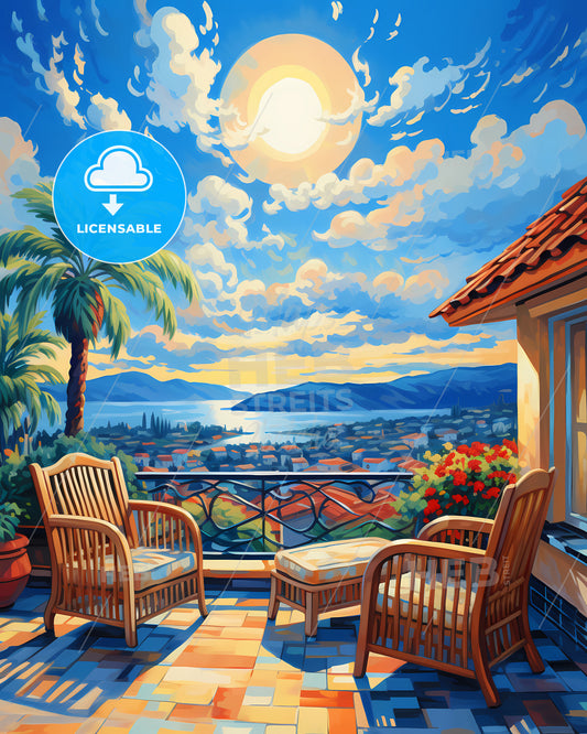 On The Roof Of Koh Samui, Thailand - A Painting Of A Balcony With Chairs And A View Of A City And Mountains