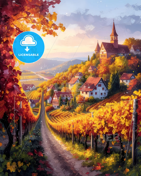 Rheinhessen, Germany - A Painting Of A Village On A Hill With A Road And Vineyard