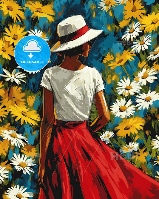 Retro Colorful Daisy Flat Pattern - A Woman In A Red Skirt And White Hat