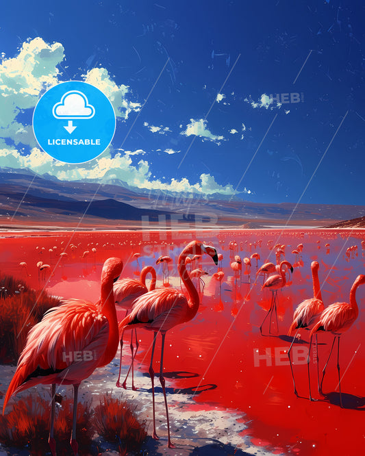 Laguna Colorada, Bolivia - A Group Of Flamingos In A Red Lake