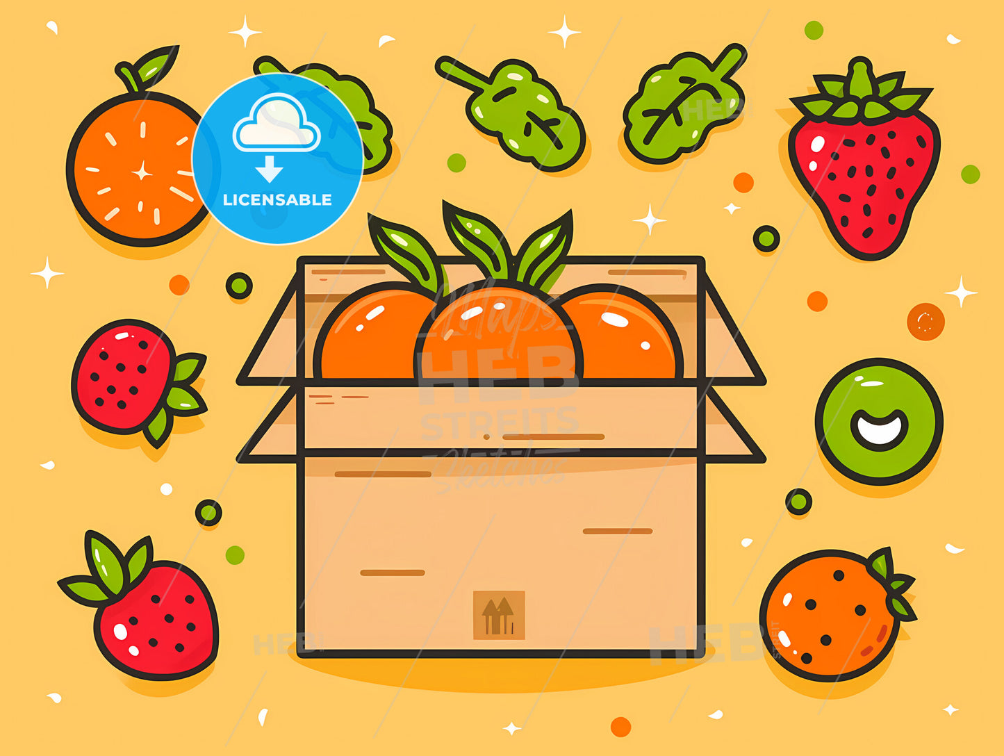 Line Illustration For Employees Customize Snack Subscription Box - A Box Of Oranges And Fruits