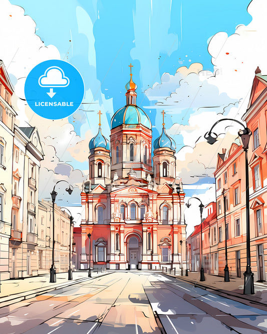 Saint Petersburg, Russia - A Street With Buildings And A Building With Blue Domes