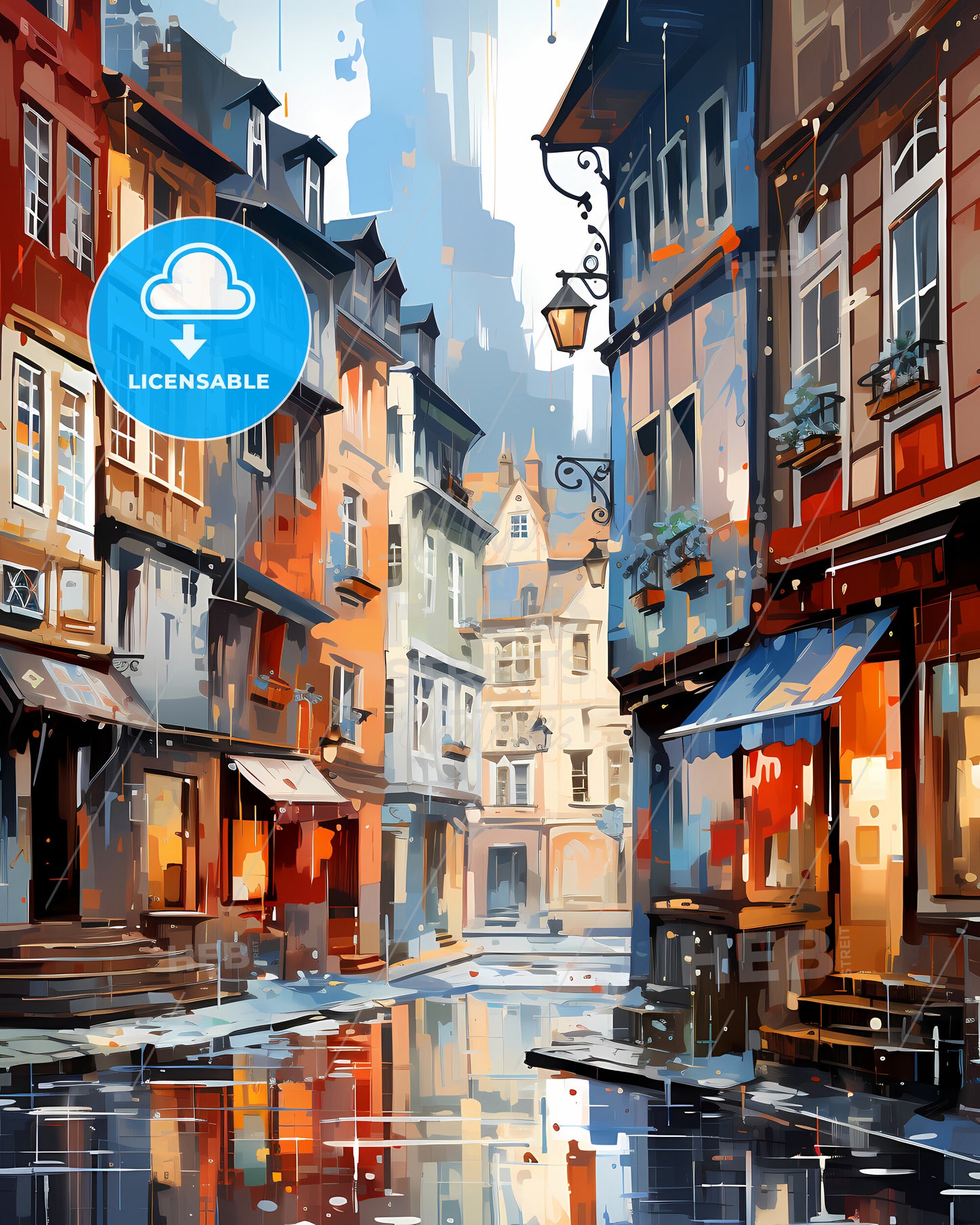 Rennes, France - A Street With Buildings And A Puddle Of Water