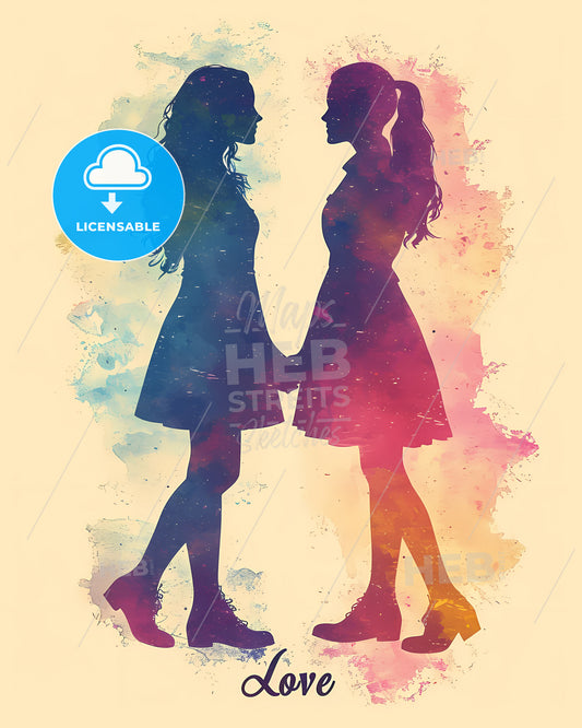 Cute Pastel Love Illustration - Two Women Holding Hands In Front Of A Splash Of Watercolor