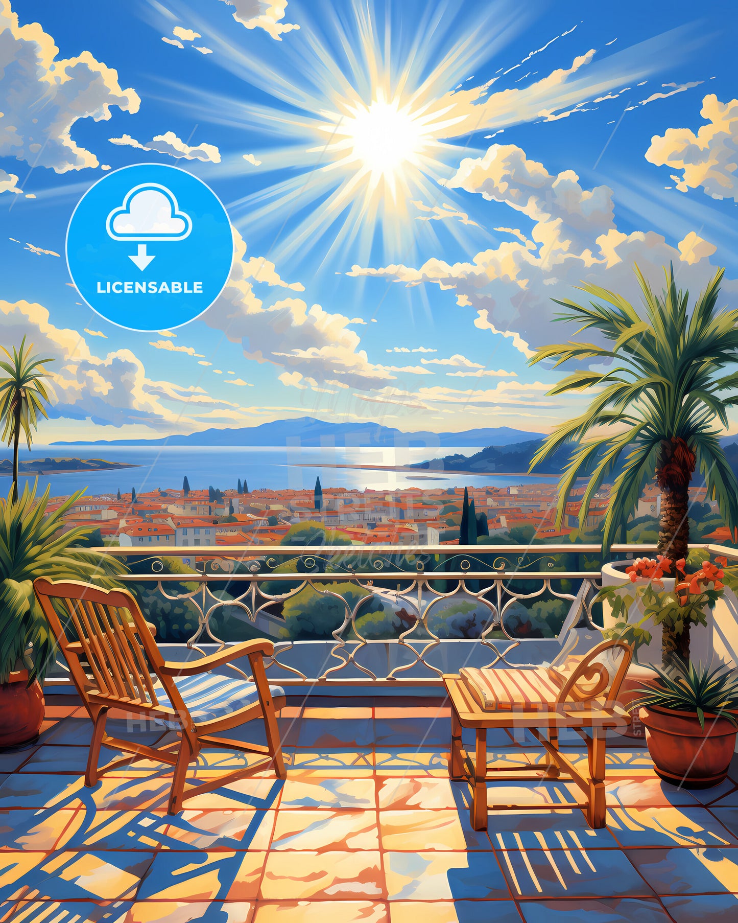 On The Roofs Of Cannes, France - A Deck With Chairs And Palm Trees And A View Of A City And The Sea