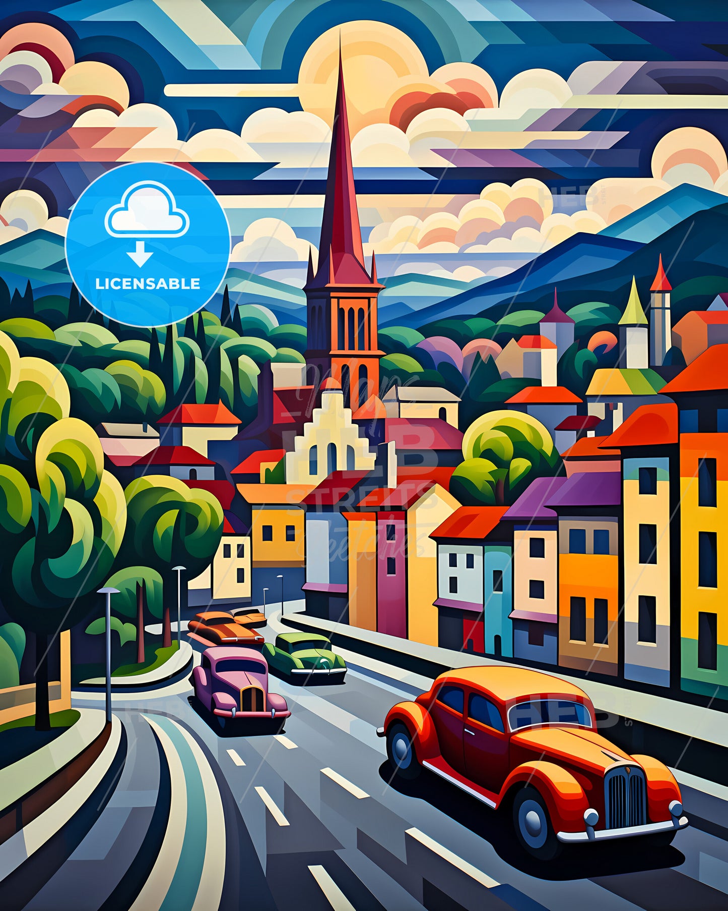 Lausanne, Switzerland - A Painting Of A Street With Cars And Buildings