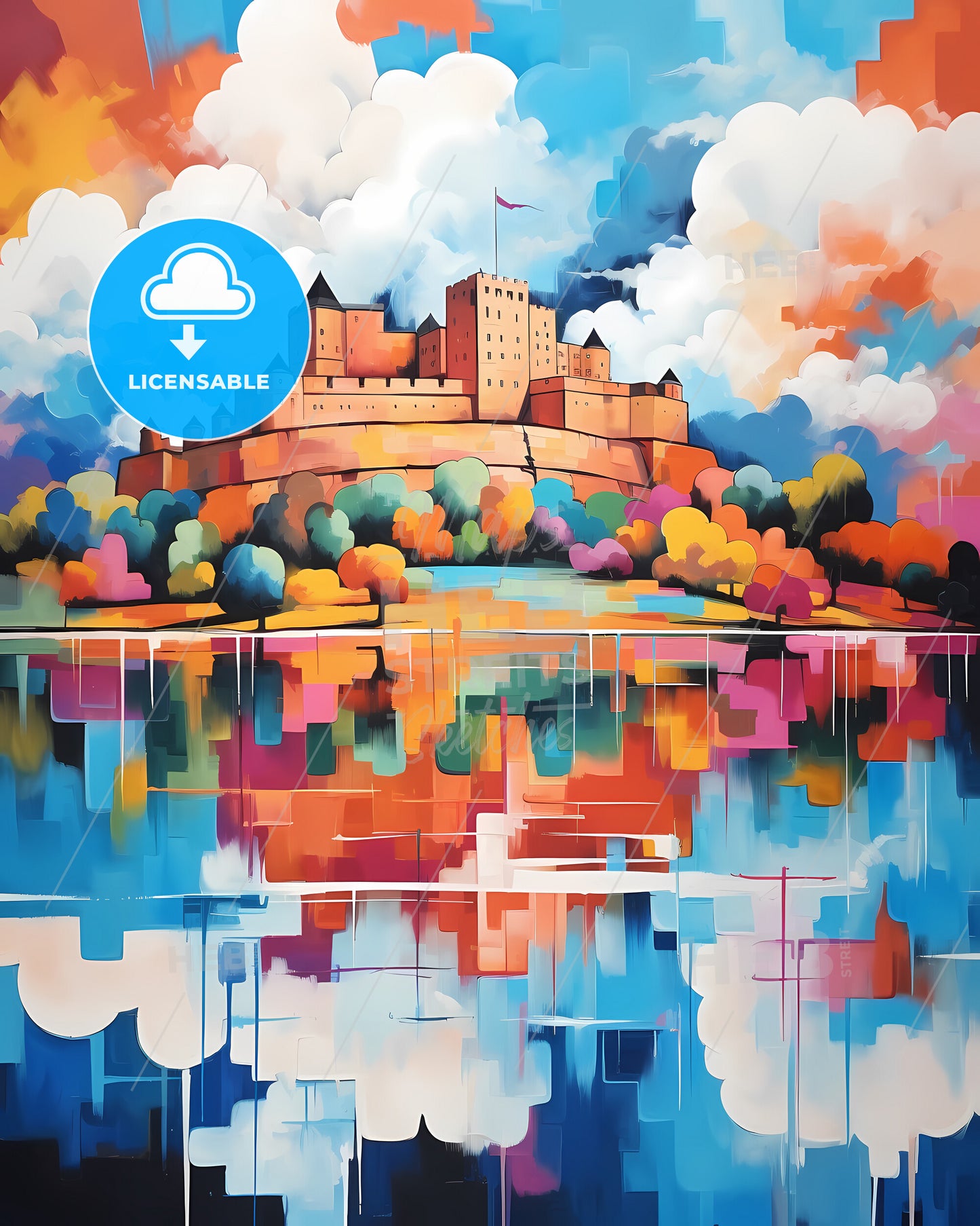 Metz, France - A Painting Of A Castle On A Hill With Trees And Water