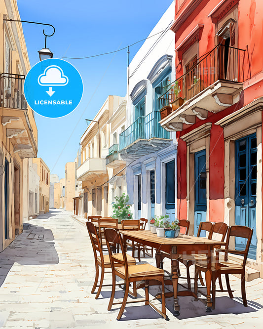 Paphos, Cyprus - A Watercolor Of A Street With A Table And Chairs