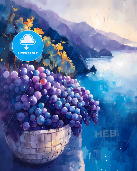 Santorini, Greece - A Painting Of A Basket Of Grapes