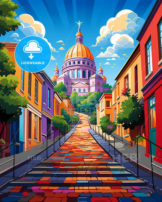 Lyon, France - A Colorful Street With A Building In The Background