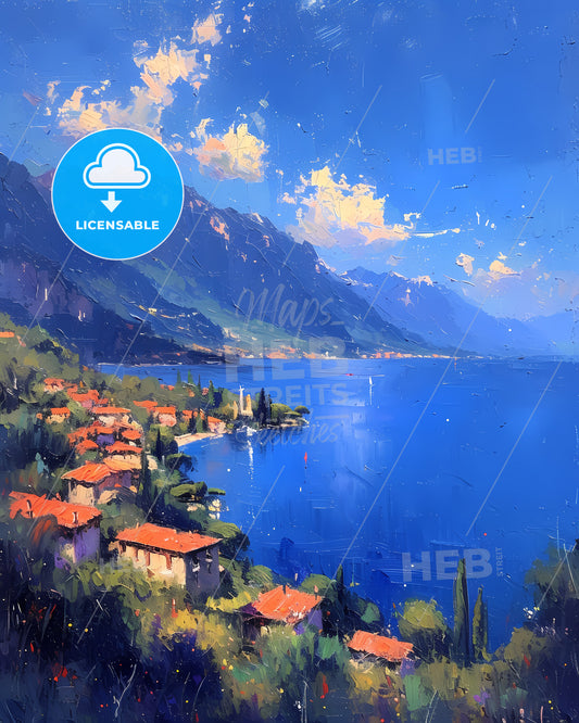 Lake Garda, Italy - A Painting Of A Town Next To A Body Of Water