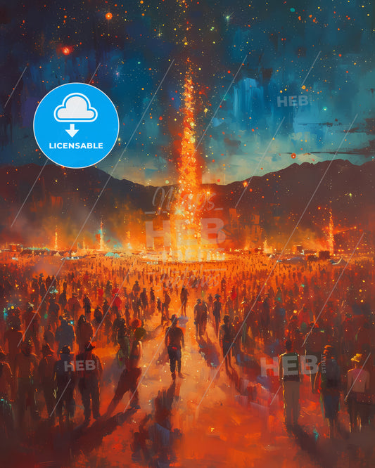Burning Man - A Large Crowd Of People Watching A Large Fire Explosion