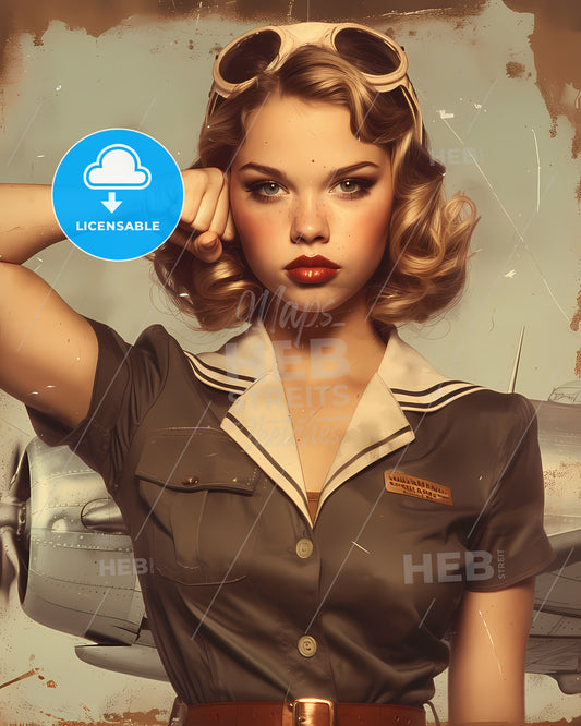 You Can Do It Woman, Vintage Artwork, Flexing Bicep, Wearing Flight Attendant Uniform, Making A Serious Face - A Woman In Uniform With Her Hand On Her Head