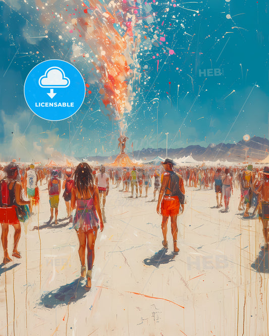Burning Man - A Large Crowd Of People Walking In Front Of A Firework Explosion
