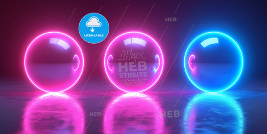 3D Render, Abstract Neon Background With Colorful Round Shape In The Dark Room With Floor Reflection - A Group Of Glowing Spheres