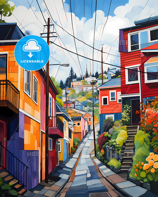 Tromsö, Norway - A Painting Of A Street With Colorful Houses