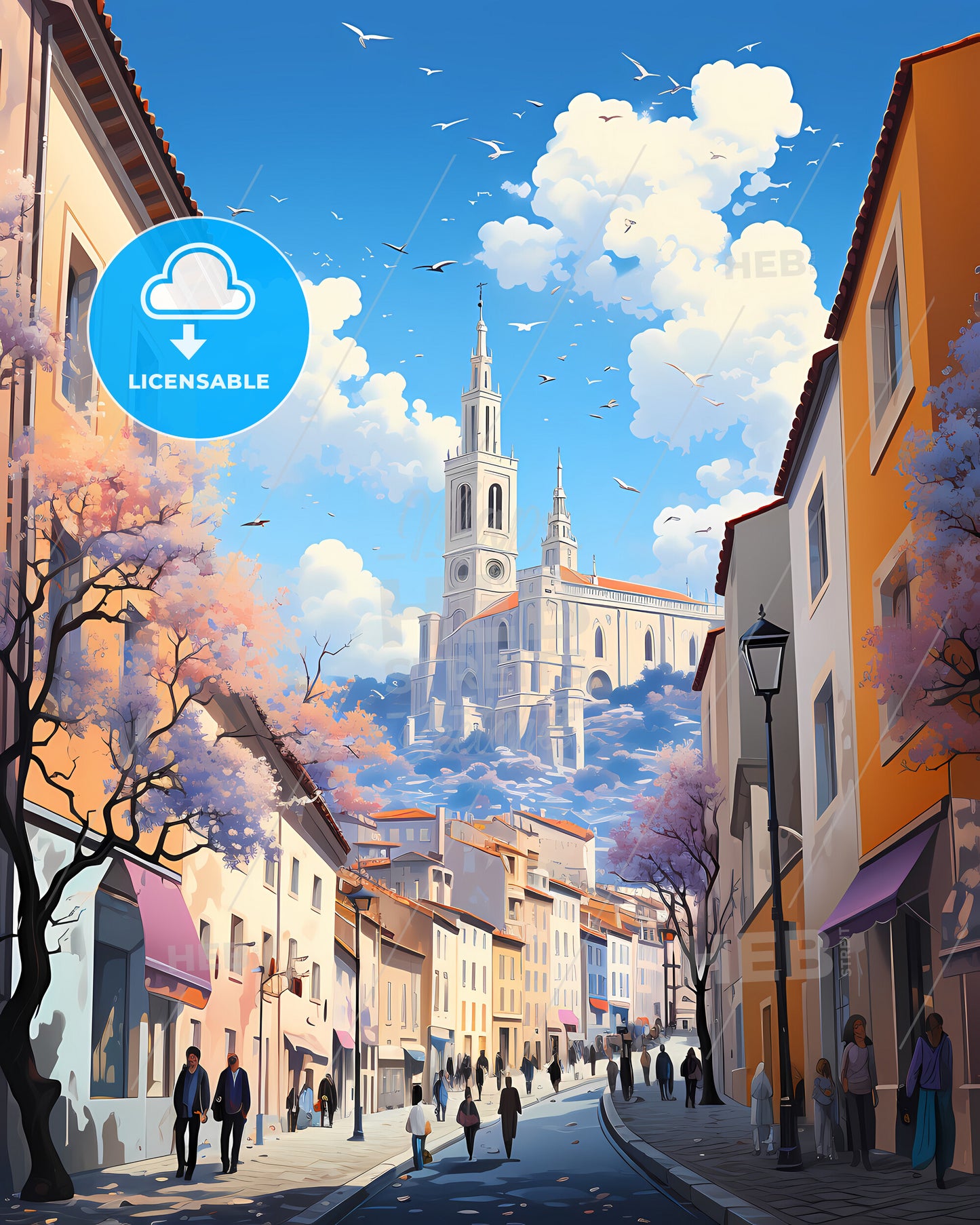 Lyon, France - A Street With People Walking Down It And A Castle In The Distance