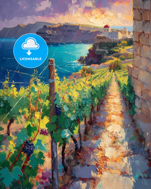 Santorini, Greece - A Painting Of A Vineyard By The Water