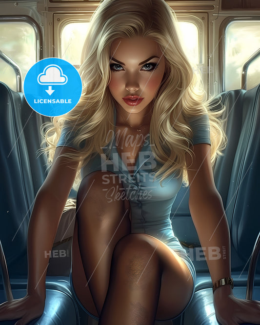 Pin Up Girl Wearing Stockings On A Boat, In The Style Of Realistic Blue Skies - A Woman Sitting In A Bus