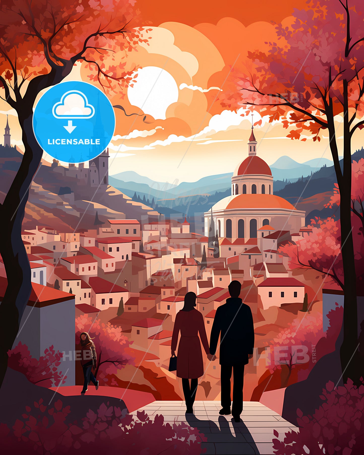 Vigo, Spain - A Man And Woman Walking On A Path In A Town