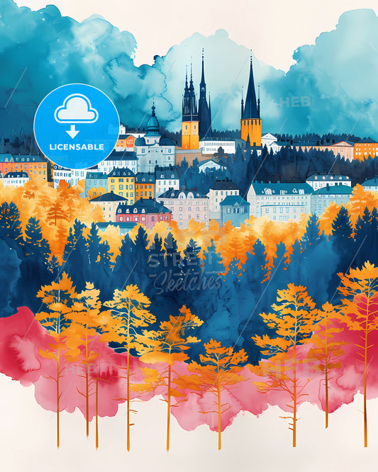 Lund, Sweden, - A Watercolor Painting Of A City