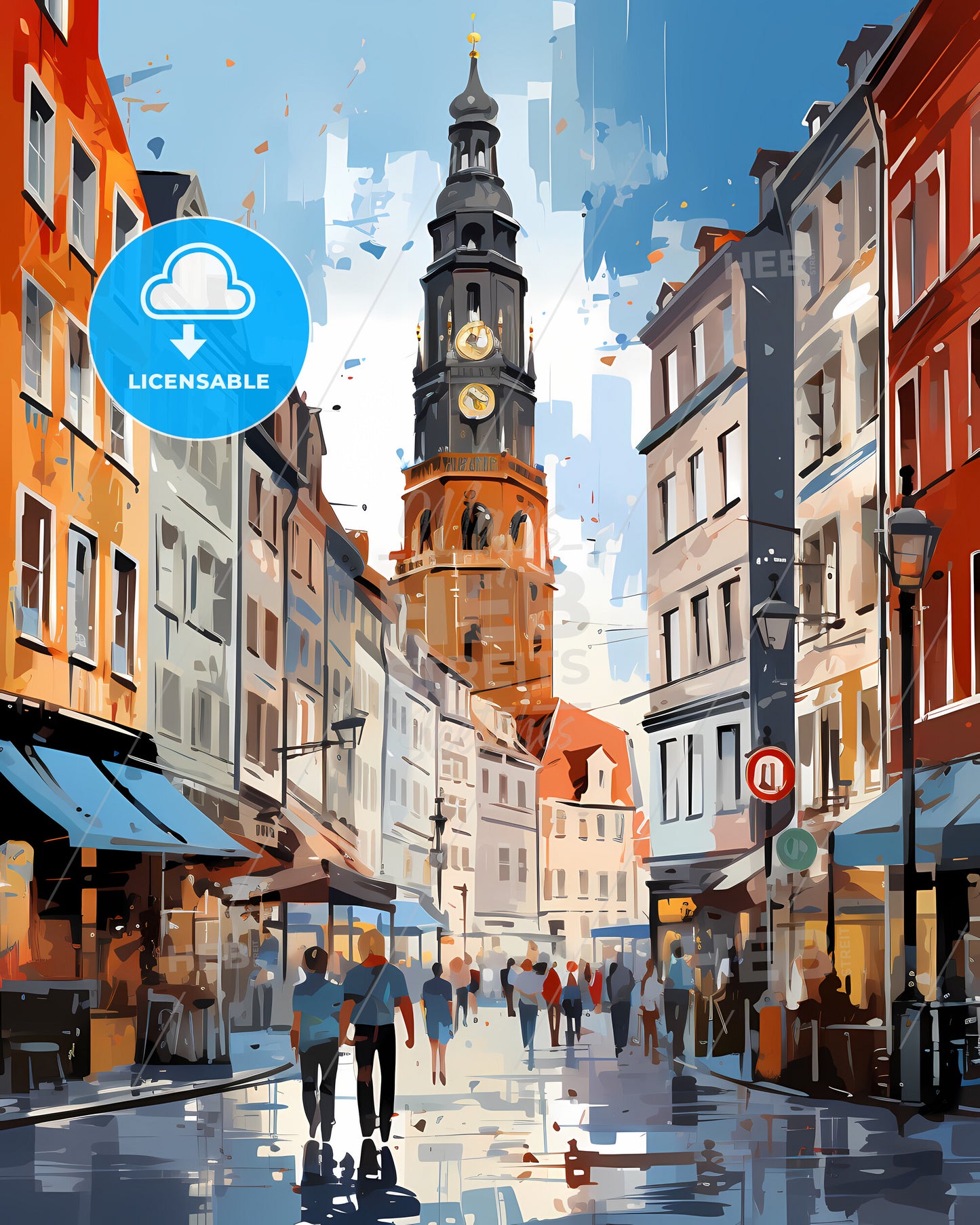 Dortmund, Germany - A Street With A Clock Tower In The Background