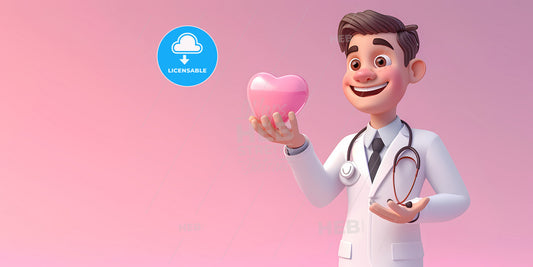 Doctor Cartoon Character Wears Uniform And Stethoscope - A Cartoon Doctor Holding A Heart