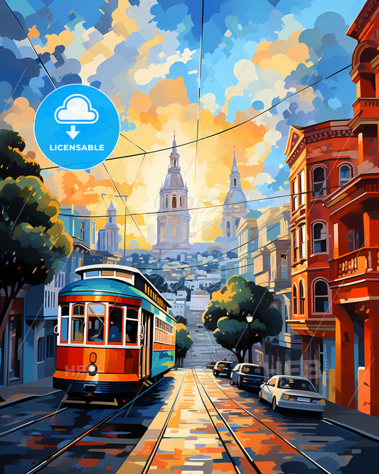 San Francisco - A Trolley On A Street With Cars And Buildings In The Background