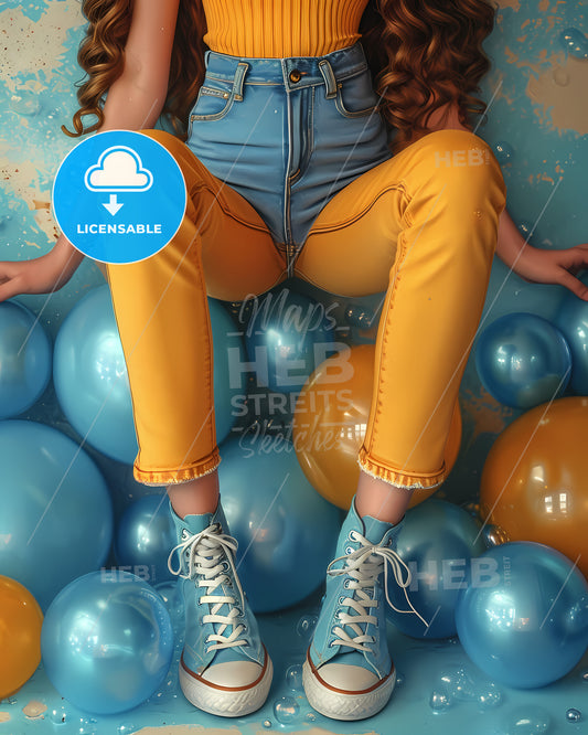 Vintage Hipster Woman - A Person In Blue Jeans And Blue Shoes Sitting On A Pile Of Balloons