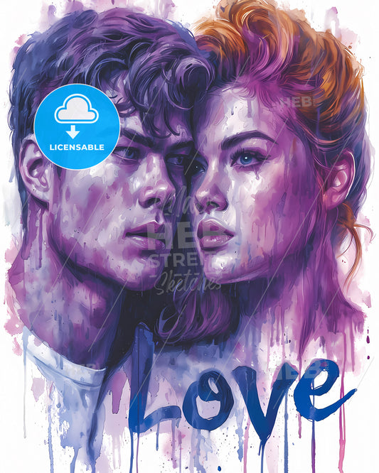 Cute Pastel Love Illustration - A Man And Woman With Purple And Blue Paint